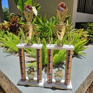 Set of 2 Large 25" Volleyball 2-Tier Patriotic Trophies w/ American Flag Columns